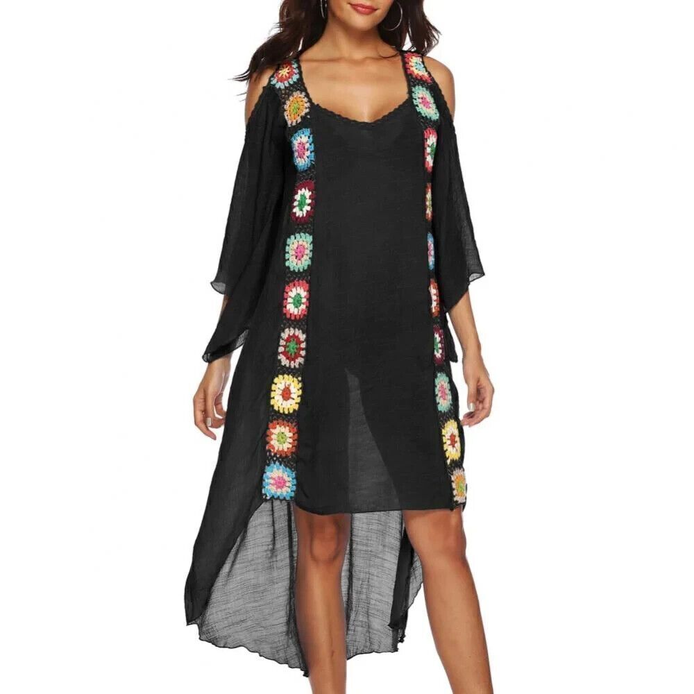 Cellabie Women's Cover-Up Dress Black One Size Floral Crochet 3/4 Sleeve